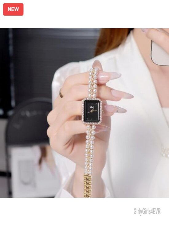 Luxury Pearl Bracelet Quartz Watch with Rhinestone Bezel Rectangular Dial main image 2